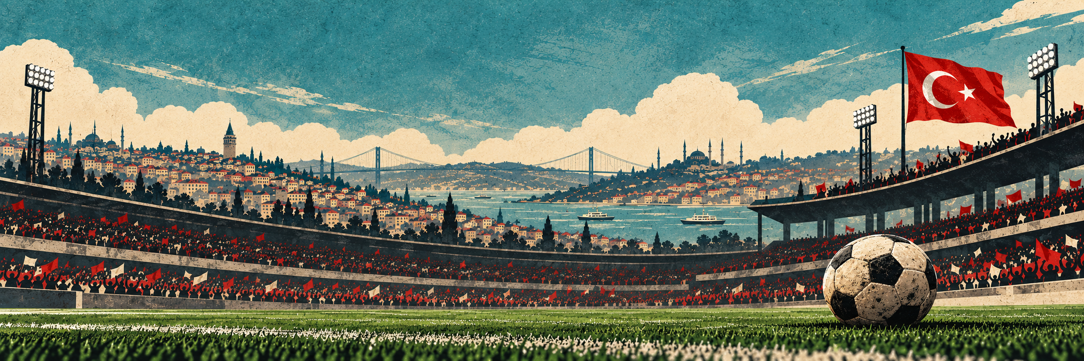 An illustration of Turkish football with stadium terraces, a football and the Turkish flag